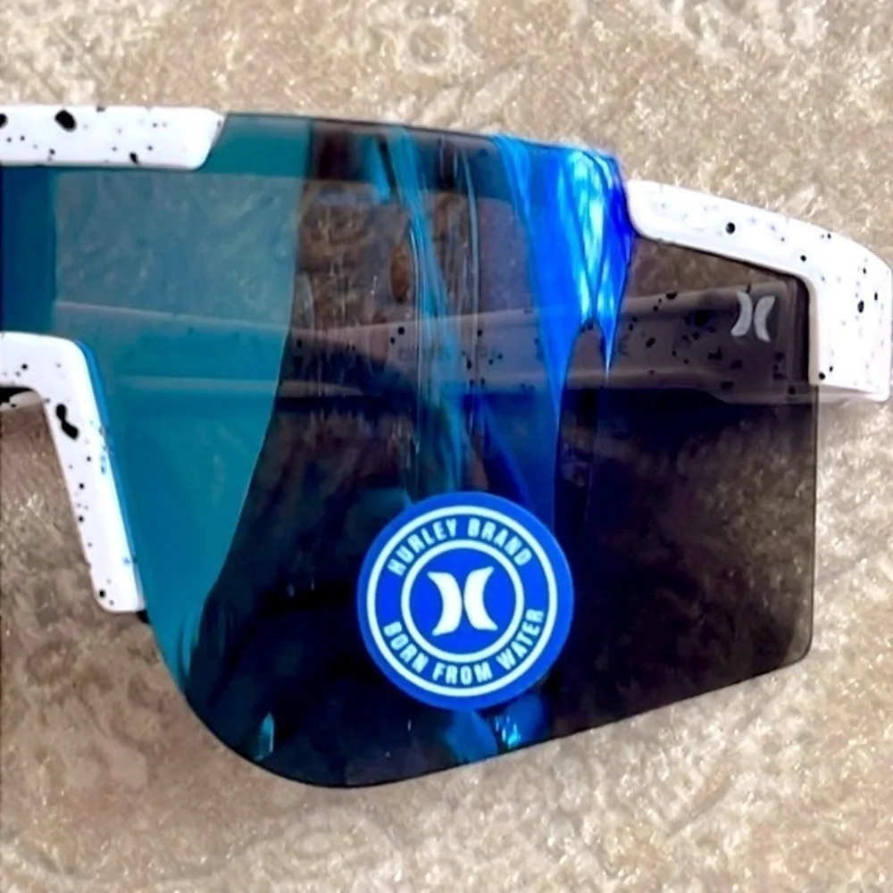 Brand New Hurley Polarized Sunglasses White Semi-Rim Wrap Shield Blue Mirrored